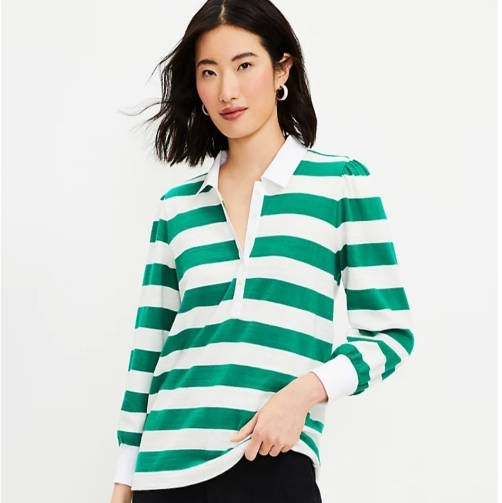 LOFT Green and White Striped Polo Top Like New